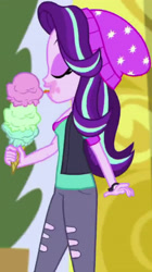 Size: 1920x3418 | Tagged: safe, derpibooru import, screencap, starlight glimmer, equestria girls, mirror magic, spoiler:eqg specials, cropped, eyes closed, female, food, hat, ice cream, ice cream cone, open mouth, solo, that human sure does love ice cream, tongue, tongue out