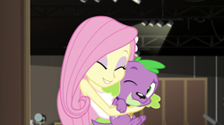 Size: 1280x718 | Tagged: safe, derpibooru import, screencap, fluttershy, spike, spike the regular dog, dog, equestria girls, movie magic, spoiler:eqg specials, bracelet, clothes, cute, eyes closed, female, hairpin, jewelry, male, one eye closed, open mouth, shyabetes, sleeveless, smiling, snuggling, spikabetes, spikelove, tanktop