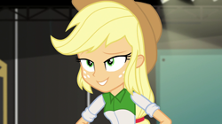 Size: 1280x718 | Tagged: safe, derpibooru import, screencap, applejack, equestria girls, movie magic, spoiler:eqg specials, applejack's hat, clothes, cowboy hat, female, hat, shirt, smiling, solo