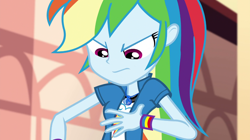 Size: 1280x718 | Tagged: safe, derpibooru import, screencap, rainbow dash, equestria girls, movie magic, spoiler:eqg specials, clothes, cutie mark, cutie mark on clothes, female, geode of super speed, jewelry, magical geodes, necklace, solo