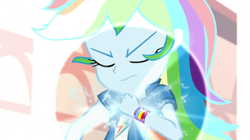 Size: 1280x718 | Tagged: safe, derpibooru import, screencap, rainbow dash, equestria girls, movie magic, spoiler:eqg specials, clothes, cutie mark, cutie mark on clothes, eyes closed, female, geode of super speed, jewelry, magical geodes, necklace, solo