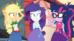Size: 3410x1920 | Tagged: safe, derpibooru import, screencap, applejack, rarity, sci-twi, twilight sparkle, equestria girls, movie magic, spoiler:eqg specials, applejack's hat, belt, clothes, cowboy hat, cutie mark, cutie mark on clothes, denim skirt, female, geode of telekinesis, glasses, hairpin, hat, high res, jewelry, looking at each other, magical geodes, messy hair, necklace, ponytail, skirt