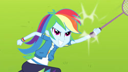 Size: 3410x1920 | Tagged: safe, derpibooru import, screencap, rainbow dash, better together, equestria girls, stressed in show, stressed in show: rainbow dash, canterlot high, clothes, cutie mark, cutie mark on clothes, female, geode of super speed, grin, high res, hoodie, jewelry, magical geodes, necklace, racket, smiling, solo