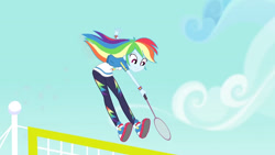 Size: 3410x1920 | Tagged: safe, derpibooru import, screencap, rainbow dash, better together, equestria girls, stressed in show, stressed in show: rainbow dash, clothes, cutie mark, cutie mark on clothes, female, high res, hoodie, jewelry, jumping, racket, shoes, smiling, sneakers, solo