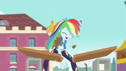 Size: 3410x1920 | Tagged: safe, derpibooru import, screencap, rainbow dash, better together, equestria girls, stressed in show, stressed in show: rainbow dash, canterlot high, clothes, cutie mark, cutie mark on clothes, eyes closed, female, geode of super speed, high res, hoodie, jewelry, karate, magical geodes, necklace, open mouth, solo