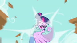 Size: 3410x1920 | Tagged: safe, derpibooru import, screencap, sci-twi, twilight sparkle, better together, equestria girls, stressed in show, stressed in show: rainbow dash, clothes, eyes closed, female, glasses, high res, jacket, karate, open mouth, ponytail, solo