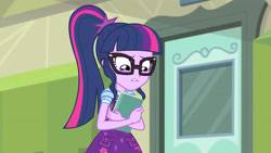Size: 3410x1920 | Tagged: safe, derpibooru import, screencap, sci-twi, twilight sparkle, better together, equestria girls, stressed in show, stressed in show: pinkie pie, book, bowtie, clothes, cutie mark, cutie mark on clothes, female, glasses, high res, lip bite, ponytail, solo