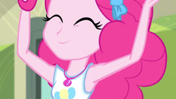 Size: 3410x1920 | Tagged: safe, derpibooru import, screencap, pinkie pie, better together, equestria girls, stressed in show, stressed in show: pinkie pie, armpits, close-up, clothes, cute, cutie mark, cutie mark on clothes, diapinkes, eyes closed, female, geode of sugar bombs, high res, magical geodes, smiling, solo, tanktop