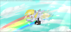 Size: 2000x922 | Tagged: safe, artist:gnidagovnida, derpibooru import, derpy hooves, pegasus, pony, bags, cloud, flying, open mouth, open smile, rainbow, smiling, solo