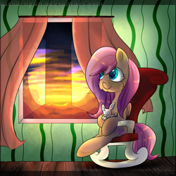 Size: 1700x1700 | Tagged: safe, artist:gnidagovnida, derpibooru import, angel bunny, fluttershy, pegasus, pony, rabbit, animal, chair, cheek fluff, duo, female, folded wings, indoors, looking away, looking out the window, mare, rocking chair, sitting, window, wings