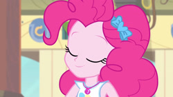 Size: 3410x1920 | Tagged: safe, derpibooru import, screencap, pinkie pie, better together, equestria girls, stressed in show, stressed in show: pinkie pie, close-up, clothes, cutie mark, cutie mark on clothes, eyes closed, female, geode of sugar bombs, jewelry, magical geodes, necklace, smiling, solo, tanktop