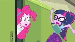 Size: 3410x1920 | Tagged: safe, derpibooru import, screencap, pinkie pie, sci-twi, twilight sparkle, equestria girls, equestria girls series, stressed in show, stressed in show: pinkie pie, book, clothes, female, geode of sugar bombs, glasses, jewelry, lockers, magical geodes, necklace, one eye closed, open mouth, ponytail, scared, tanktop