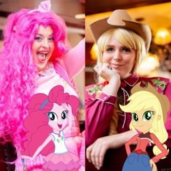 Size: 2289x2289 | Tagged: safe, artist:maddymoiselle, artist:shelbeanie, derpibooru import, applejack, pinkie pie, human, better together, equestria girls, applejack's hat, clothes, cosplay, costume, cowboy hat, everfree northwest 2019, hat, irl, irl human, open mouth, photo