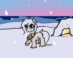 Size: 828x649 | Tagged: safe, artist:anonymous, artist:neuro, oc, oc only, oc:puffins, oc:totem, earth pony, pony, /mlp/, blue eyes, female, filly, foal, foal satchel, igloo, looking at you, mare, piebald, raised hoof, raised leg, sea, smiling, snow, snow mare, snowpony (species), taiga pony, unshorn fetlocks, visible breath, yakutian horse