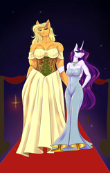 Size: 1050x1650 | Tagged: safe, artist:unfinishedheckery, derpibooru import, applejack, rarity, anthro, earth pony, unicorn, applerack, breasts, carpet, clothes, digital art, dress, duo, duo female, female, horn, lesbian, looking at you, rarijack, raritits, red carpet, shipping, size difference, tail, thighs, wide hips