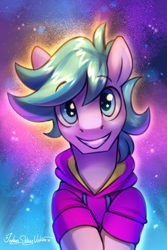 Size: 2000x3000 | Tagged: safe, artist:jedayskayvoker, derpibooru import, oc, oc only, pony, abstract background, bust, clothes, hoodie, looking at you, male, smiling, smiling at you, solo, stallion