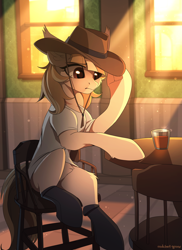 Size: 2000x2753 | Tagged: safe, artist:redchetgreen, derpibooru import, oc, oc only, earth pony, pony, chair, clothes, crepuscular rays, cup, female, hat, mare, shirt, sitting, solo, table