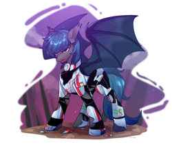 Size: 2300x2000 | Tagged: safe, artist:鸦, derpibooru import, oc, oc:nocturne star, bat pony, pony, armor, blood, broken, male, solo, spread wings, stallion, wings