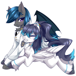 Size: 2000x2000 | Tagged: safe, artist:午夜, derpibooru import, oc, oc only, oc:jason, oc:nocturne star, bat pony, pegasus, pony, bat pony oc, bat wings, blue mane, chest fluff, clothes, couple, folded wings, grin, high res, jacket, looking at you, lying down, male, necktie, one eye closed, ponytail, prone, purple eyes, simple background, smiling, smiling at you, stallion, uniform, unshorn fetlocks, white background, white fur, wings, wink, winking at you