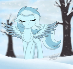 Size: 1280x1213 | Tagged: safe, artist:itsnovastarblaze, derpibooru import, oc, oc only, pegasus, cheek fluff, chest fluff, cute, ear fluff, ears, eyes closed, female, mare, shoulder fluff, snow, solo, spread wings, standing, tree, wind, wing fluff, wings