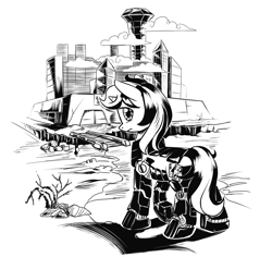 Size: 3096x2920 | Tagged: safe, artist:lexx2dot0, derpibooru import, oc, oc only, oc:blackjack, pony, unicorn, fallout equestria, fallout equestria: project horizons, clothes, fanfic art, grayscale, horn, monochrome, pipbuck, small horn, solo, vault security armor, vault suit