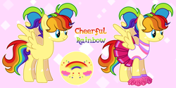 Size: 3690x1848 | Tagged: safe, artist:einar cor, derpibooru import, oc, oc:cheerful rainbow, pegasus, pony, bangs, blue eyes, character design, cheerleader, cheerleader outfit, clothes, cutie mark, freckles, multicolored hair, pigtails, pom pom, rainbow hair, skirt, yellow coat