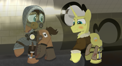 Size: 943x517 | Tagged: safe, artist:whiski, derpibooru import, oc, oc:whiski, oc:wildcard, earth pony, unicorn, fallout equestria, crossover, fallout equestria: all roads lead home, metro, metro 2033, roadside picnic, s.t.a.l.k.e.r., stalker, stalliongrad, worried