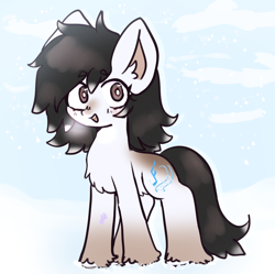 Size: 1032x1027 | Tagged: safe, artist:ube, artist:ubebreb, derpibooru import, oc, oc only, earth pony, pony, breath, chest fluff, cold, day, ear fluff, ears, eyebrows, eyebrows visible through hair, female, fluffy, looking at you, mare, open mouth, open smile, outdoors, sky, smiling, smiling at you, snow, snowfall, snowpony (species), solo, taiga pony, unshorn fetlocks, yakutian horse