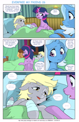 Size: 5901x9026 | Tagged: safe, artist:jeremy3, derpibooru import, derpy hooves, trixie, twilight sparkle, twilight sparkle (alicorn), oc, alicorn, pony, unicorn, comic:everfree, comic:everfree my friend, bandage, bed, comic, ears, floppy ears, hospital bed, open mouth, speech bubble