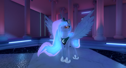 Size: 1280x694 | Tagged: safe, artist:syah, derpibooru import, princess luna, alicorn, pony, 3d, 3d model, crown, eyelashes, hoof shoes, jewelry, palindrome get, peytral, red eyes, regalia, smiling, solo, spread wings, wings