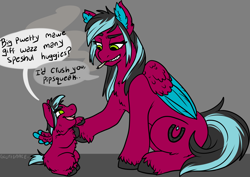 Size: 3374x2389 | Tagged: safe, artist:sexygoatgod, derpibooru import, oc, oc only, oc:razz (fluffy), oc:razzmatazz gleam, fluffy pony, hybrid, pegasus, fluffy, implied selfcest, size difference, smoking