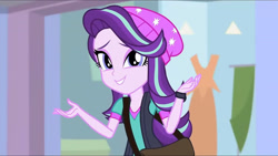 Size: 3410x1920 | Tagged: safe, derpibooru import, screencap, starlight glimmer, equestria girls, mirror magic, spoiler:eqg specials, bag, female, hat, looking at you, smiling, solo