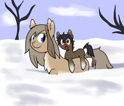 Size: 1400x1200 | Tagged: safe, alternate version, artist:machacapigeon, oc, oc only, oc:blizzard hearth, oc:permafrost, pony, /mlp/, brother and sister, chest fluff, cloud, coat markings, colt, cute, ear fluff, ears, excited, female, fluffy, foal, looking at something, male, mare, open mouth, pale belly, ponies riding ponies, riding, siblings, snow, snow mare, snowpony (species), socks (coat marking), taiga pony, tree, yakutian horse