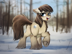 Size: 4000x3000 | Tagged: safe, alternate version, artist:selenophile, edit, edited edit, oc, oc only, oc:frosty flakes, pony, bedroom eyes, butt, compromise, dock, ears, female, floppy ears, fluffy, image, looking at you, looking back, looking back at you, mare, open mouth, open smile, outdoors, plot, png, raised hoof, raised leg, raised tail, rear view, sfw edit, smiling, smiling at you, snow, snowpony (species), solo, solo female, taiga pony, tail, underhoof