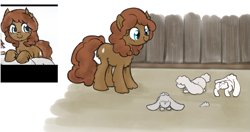 Size: 831x440 | Tagged: safe, artist:anonymous, oc, oc only, oc:comfy cozy, pony, rabbit, /mlp/, animal, bunny, chest fluff, cute, female, fence, fluffy, looking at something, mare, simple background, snow mare, snowpony (species), solo, taiga pony, yakutian horse