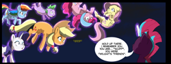Size: 1524x570 | Tagged: safe, artist:chedx, edit, applejack, fluttershy, pinkie pie, rainbow dash, rarity, spike, tempest shadow, dragon, earth pony, pegasus, pony, unicorn, comic:the storm kingdom, my little pony: the movie, applejack's hat, bodysuit, captured, clothes, cowboy hat, cropped, crystal of light, cute, dashabetes, diapinkes, general tempest shadow, hat, helmet, implied twilight sparkle, jackabetes, raribetes, shocked, shocked expression, shyabetes, upside down, wavy mouth