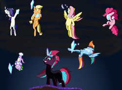 Size: 1534x1133 | Tagged: safe, artist:chedx, edit, applejack, fluttershy, pinkie pie, rainbow dash, rarity, spike, tempest shadow, dragon, earth pony, pegasus, pony, unicorn, comic:the storm kingdom, my little pony: the movie, bad end, bodysuit, brainwashing, clothes, covering face, cropped, crying, crystal of light, evil grin, female, general tempest shadow, grin, gritted teeth, hatless, mare, smiling, upside down