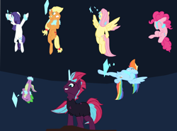 Size: 1280x945 | Tagged: safe, artist:benpictures1, artist:chedx, applejack, fluttershy, pinkie pie, rainbow dash, rarity, spike, tempest shadow, dragon, earth pony, pegasus, pony, unicorn, comic:the storm kingdom, my little pony: the movie, bad end, bodysuit, brainwashing, clothes, covering face, crying, crystal of light, evil grin, female, general tempest shadow, grin, gritted teeth, hatless, inkscape, mare, missing accessory, smiling, upside down, vector