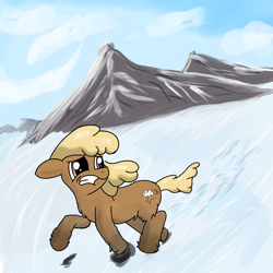 Size: 3000x3000 | Tagged: safe, artist:anonymous, /mlp/, chest fluff, coat markings, ears, female, floppy ears, fluffy, looking at something, looking back, mare, mountain, running, scared, snow, snowpony (species), socks (coat marking), taiga pony