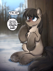Size: 2896x3844 | Tagged: safe, artist:selenophile, earth pony, pony, blushing, chest fluff, chin fluff, coat markings, cute, dialogue, ear fluff, ears, fluffy, frog (hoof), knee fluff, looking up, male, pale belly, pointing at self, sitting up, snow, snowpony (species), socks (coat marking), solo, speech bubble, stallion, surprised, taiga pony, text, this will end in cuddles, tree, underhoof, unshorn fetlocks, yakutian horse