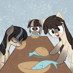 Size: 1600x1600 | Tagged: safe, artist:alexi148, oc, oc only, oc:cold shoulder, oc:frosty flakes, oc:winter wonder, fish, pony, /mlp/, blaze (coat marking), bowl, coat markings, cute, eating, female, fluffy, looking at you, mare, ooo, pale belly, ponies eating fish, snow, snow mare, snowpony (species), socks (coat marking), table, taiga pony, x eyes, yakutian horse