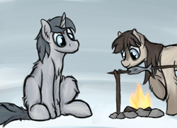 Size: 1482x1075 | Tagged: safe, artist:ahorseofcourse, oc, oc only, oc:frosty flakes, oc:silver sword, fish, pony, unicorn, /mlp/, blaze (coat marking), campfire, chest fluff, coat markings, cooking, duo, female, fire, fluffy, food, looking at each other, male, mare, meat, ponies eating fish, ponies eating meat, roasting, sitting, snow, snow mare, snowmare, snowpony (species), socks (coat marking), stallion, taiga pony, yakutian horse