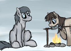 Size: 1482x1075 | Tagged: safe, artist:ahorseofcourse, edit, oc, oc only, oc:frosty flakes, oc:silver sword, pony, /mlp/, blaze (coat marking), campfire, chest fluff, coat markings, cooking, duo, female, fluffy, hornless edit, looking at each other, male, mare, ponies eating fish, ponies eating meat, sitting, snow, snowpony (species), socks (coat marking), stallion, taiga pony, yakutian horse