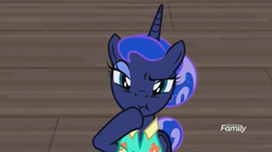 Size: 989x553 | Tagged: safe, derpibooru import, screencap, princess luna, between dark and dawn, discovery family logo, faic, solo