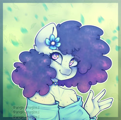 Size: 3300x3275 | Tagged: safe, artist:angie imagines, derpibooru import, oc, anthro, earth pony, afro, beauty mark, choker, ear fluff, ears, earth pony oc, female, flower, flower in hair, freckles, green background, multicolored eyes, multicolored hair, simple background, solo