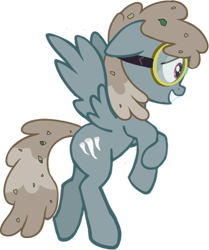 Size: 487x583 | Tagged: safe, artist:azgchip, derpibooru import, dust devil, pegasus, pony, background pony, debris, digital art, ear down, female, flying, goggles, grin, mare, nervous, sheepish grin, simple background, smiling, solo, spread wings, transparent background, wings