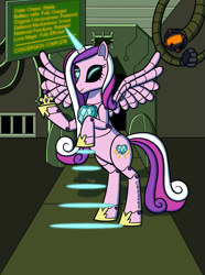 Size: 953x1280 | Tagged: safe, artist:sergeant16bit, derpibooru import, princess cadance, alicorn, pony, robot, robot pony, computer monitor, conveyor belt, crown, jewelry, looking at you, one eye closed, rearing, regalia, roboticization, spread wings, tiara, transformation, wings, wink, winking at you