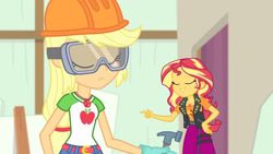 Size: 3410x1920 | Tagged: safe, derpibooru import, screencap, applejack, sunset shimmer, better together, constructive criticism, equestria girls, belt, clothes, cutie mark, cutie mark on clothes, denim skirt, eyes closed, female, geode of empathy, geode of super strength, goggles, hammer, helmet, jacket, leather, leather jacket, magical geodes, skirt, smiling