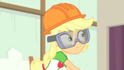 Size: 3410x1920 | Tagged: safe, derpibooru import, screencap, applejack, better together, constructive criticism, equestria girls, clothes, cutie mark, cutie mark on clothes, female, goggles, helmet, high res, solo