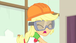 Size: 3410x1920 | Tagged: safe, derpibooru import, screencap, applejack, better together, constructive criticism, equestria girls, clothes, cutie mark, cutie mark on clothes, eyes closed, female, goggles, helmet, high res, open mouth, solo